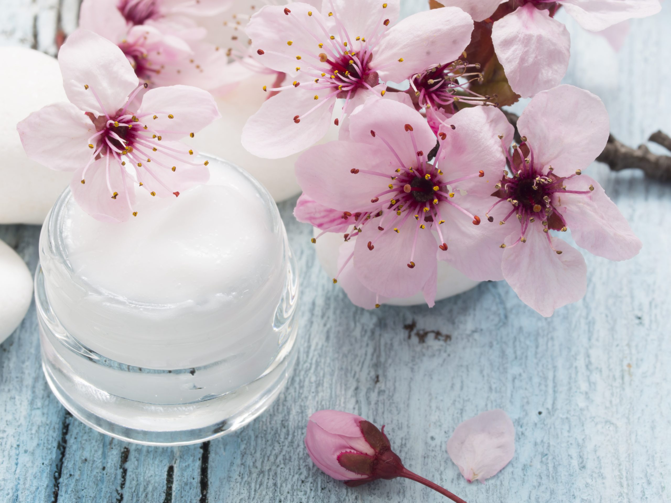 natural facial cream with fresh spring flowers